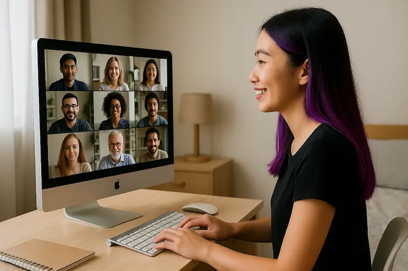 Woman participating in online therapy session from home office